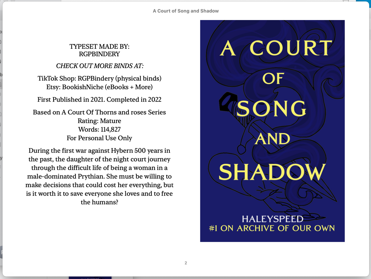 A Court of Song and Shadow - An Azriel x Velaris Story (eBook Downloadable)